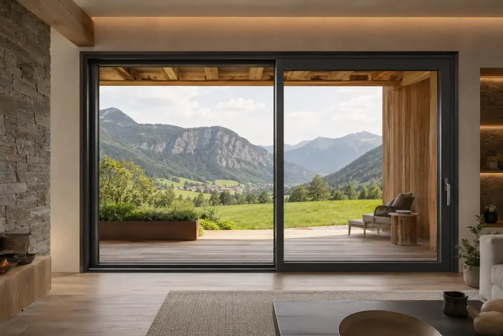 Interno di una villa in Trentino con grande alzante scorrevole panoramico