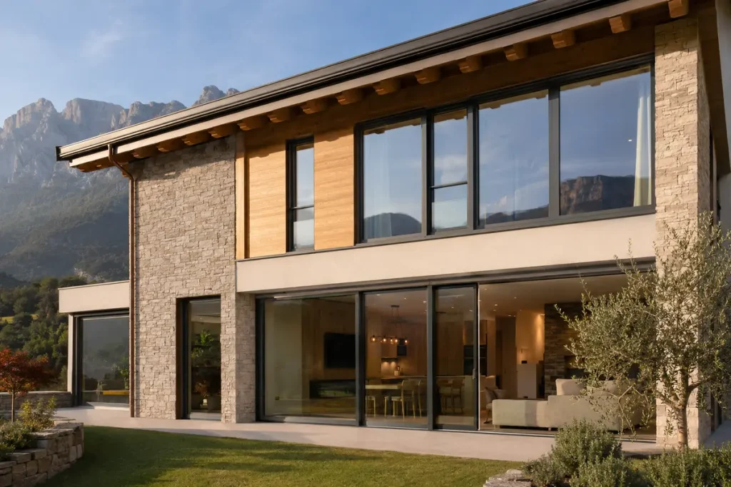 Serramenti per ville in Trentino su una villa moderna con grandi vetrate